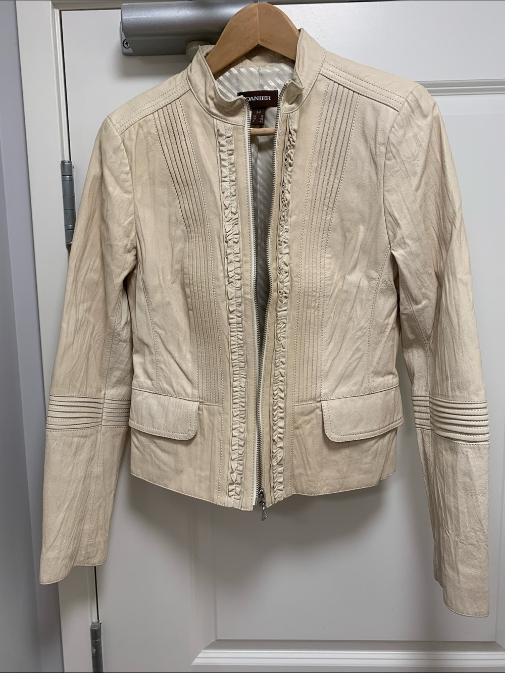 Danier Cream Ruffle-Trim Leather Zip Jacket